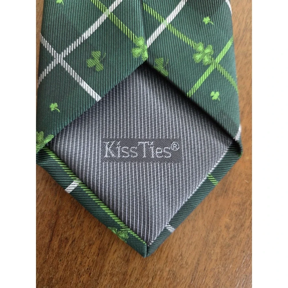 Kissties Clover Silk Tie Men's Shamrock Plaid Green St Patrick's‎ Day